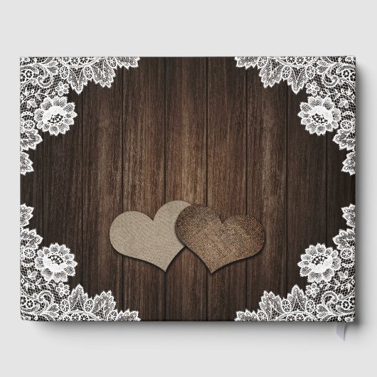 Rustic Wood Burlap Hearts Wedding Guest Book Gastenboek (Achterkant)
