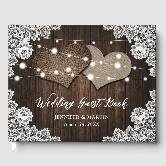 Rustic Wood Burlap Hearts Wedding Guest Book Gastenboek (Voorkant)