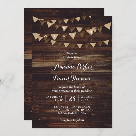 Rustic Wood Burlap Huwelijksuitnodiging Kaart (Voorkant / Achterkant)