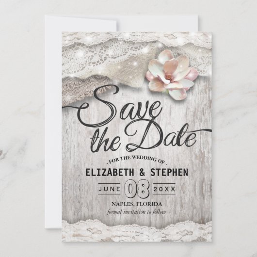 Rustic Wood Burlap Lace Barn Wedding Save the Date (Voorkant)