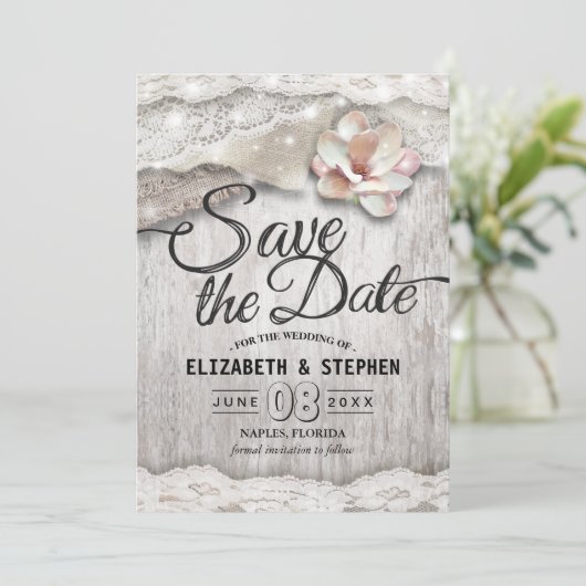 Rustic Wood Burlap Lace Barn Wedding Save the Date (Staand voorkant)