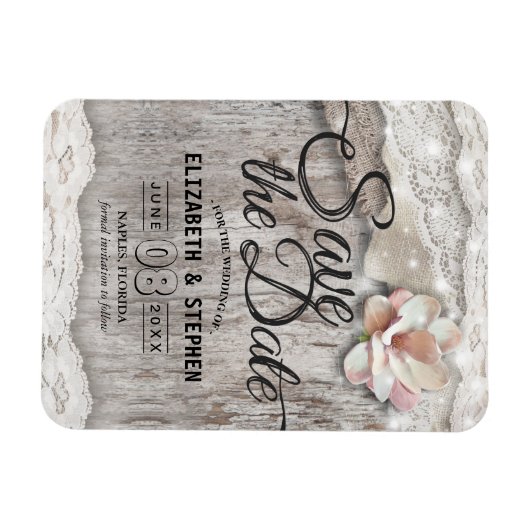 Rustic Wood Burlap Lace Barn Wedding Save the Date Magneet (Horizontaal)