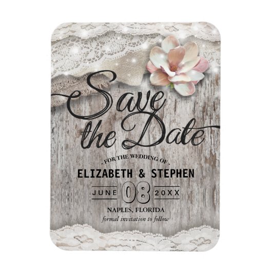 Rustic Wood Burlap Lace Barn Wedding Save the Date Magneet (Verticaal)