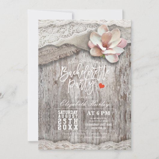 Rustic Wood Burlap Lace Floral Bachelorette Kaart (Voorkant)