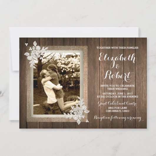 Rustic Wood Burlap Lace Foto Weddenschap Kaart (Voorkant)
