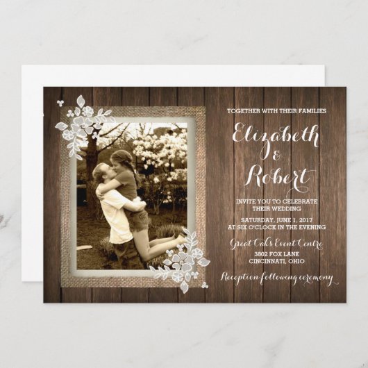Rustic Wood Burlap Lace Foto Weddenschap Kaart (Voorkant / Achterkant)