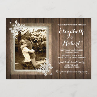 Rustic Wood Burlap Lace Foto Weddenschap Kaart