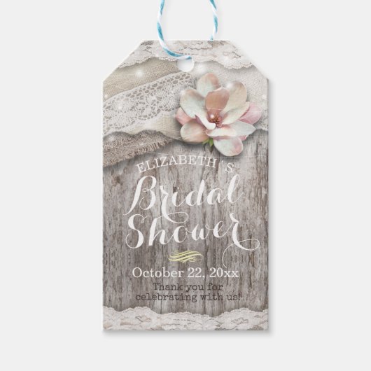 Rustic Wood Burlap Lace String Light Vrijgezellenf Cadeaulabel (Voorkant)