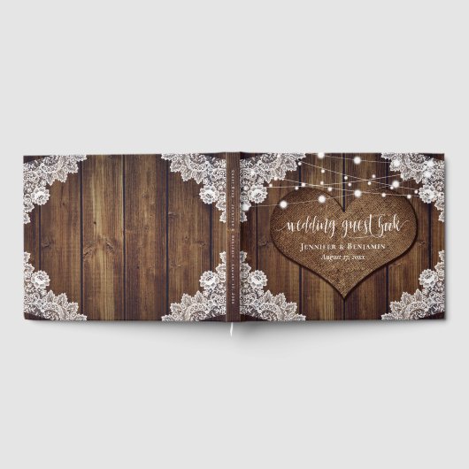 Rustic Wood Burlap Lace String Lights Wedding Gastenboek (Volledig)