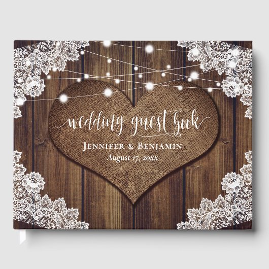 Rustic Wood Burlap Lace String Lights Wedding Gastenboek (Voorkant)