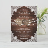 Rustic Wood Burlap Lace String Lights Wedding Kaart (Staand voorkant)
