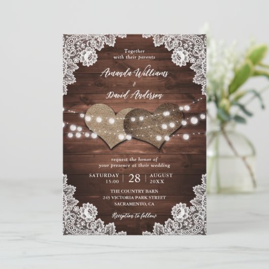 Rustic Wood Burlap Lace String Lights Wedding Kaart (Staand voorkant)