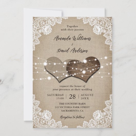 Rustic Wood Burlap Lace String Lights Wedding Kaart (Voorkant)
