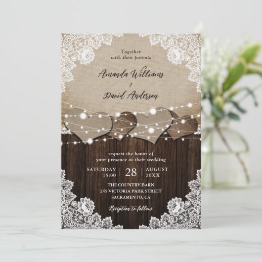 Rustic Wood Burlap Lace String Lights Wedding Kaart (Staand voorkant)