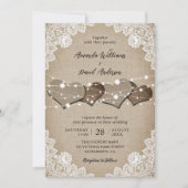 Rustic Wood Burlap Lace String Lights Wedding Kaart (Voorkant)