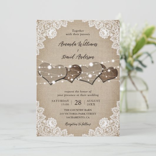 Rustic Wood Burlap Lace String Lights Wedding Kaart (Staand voorkant)