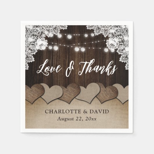 Rustic Wood Burlap Lace String Lights Wedding Servet (Voorkant)