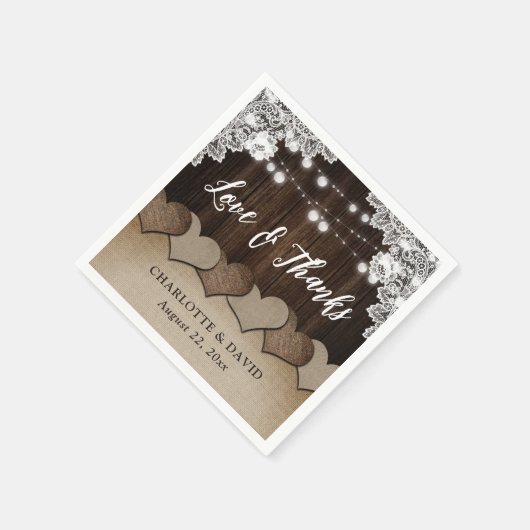 Rustic Wood Burlap Lace String Lights Wedding Servet (Hoek)