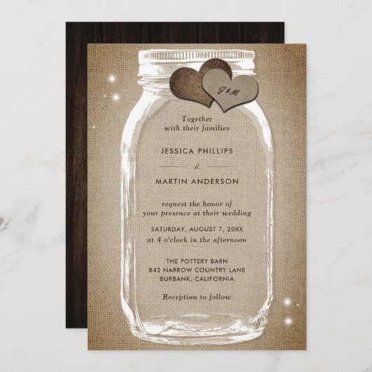 Rustic Wood Burlap Mason Jar Wedding Invitations Kaart (Voorkant / Achterkant)