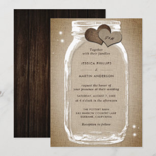 Rustic Wood Burlap Mason Jar Wedding Invitations Kaart