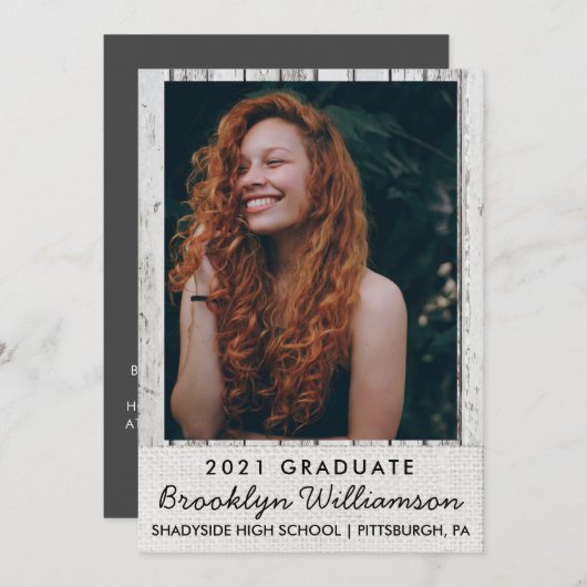 Rustic Wood & Burlap Photo Afstuderen aangekondigd Kaart (Voorkant / Achterkant)