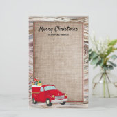 Rustic Wood Burlap Red Truck kerstcadeaus Briefpapier (Staand voorkant)