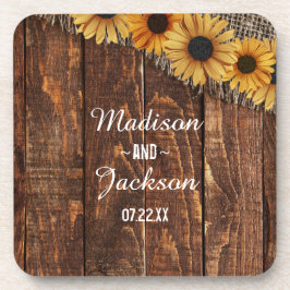 Rustic Wood & Burlap Sunflower Wedding Monogram Bier Onderzetter