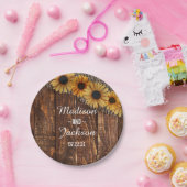 Rustic Wood & Burlap Sunflower Wedding Monogram Papieren Bordje (Feest)