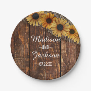 Rustic Wood & Burlap Sunflower Wedding Monogram Papieren Bordje