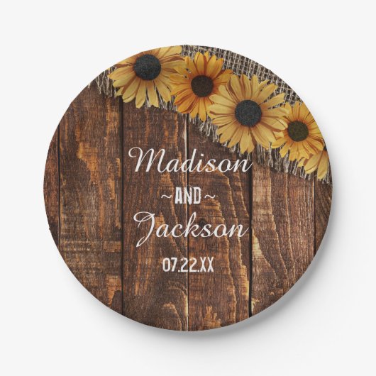 Rustic Wood & Burlap Sunflower Wedding Monogram Papieren Bordje (Voorkant)