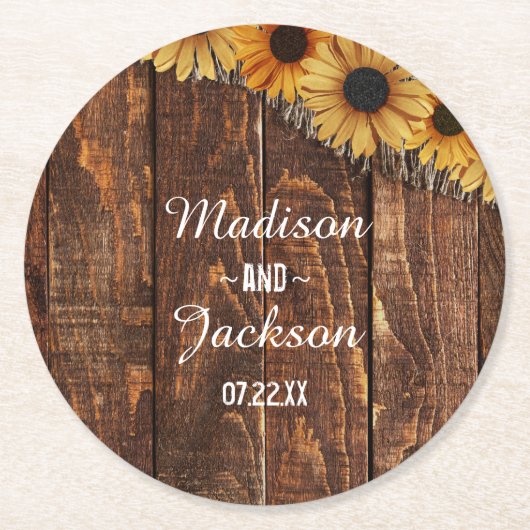 Rustic Wood & Burlap Sunflower Wedding Monogram Ronde Kartonnen Onderzetter (Voorkant)