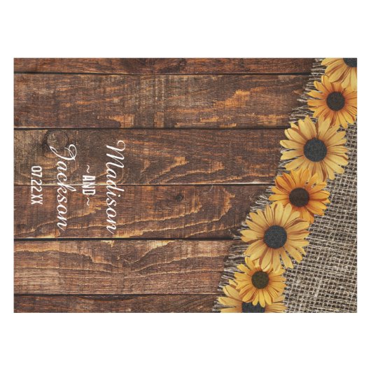 Rustic Wood & Burlap Sunflower Wedding Monogram Tafelkleed (Voorkant (Horizontaal))