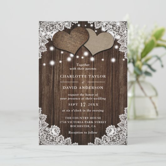Rustic Wood Burlap Wedding Kaart (Staand voorkant)