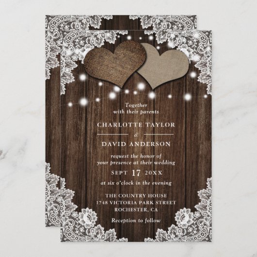 Rustic Wood Burlap Wedding Kaart (Voorkant / Achterkant)
