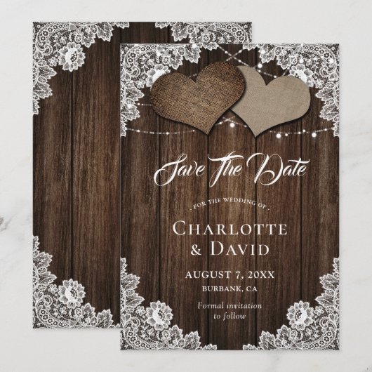 Rustic Wood Burlap Wedding Save the Date Kaart (Voorkant / Achterkant)