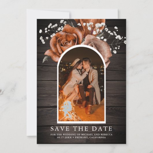 Rustic Wood Burnt Oranje Roos Terracotta Wedding Save The Date (Voorkant)