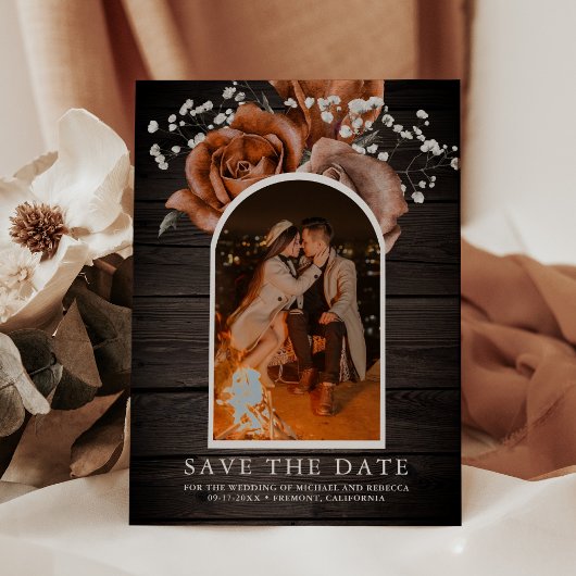 Rustic Wood Burnt Oranje Roos Terracotta Wedding Save The Date