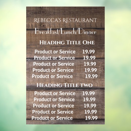 Rustic Wood Business Restaurant Pricing/Service  Raamsticker (Vel 3)