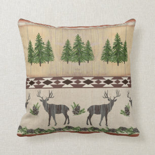 Rustic Wood Cabin Deer Pine Trees Tribal Pattern Kussen