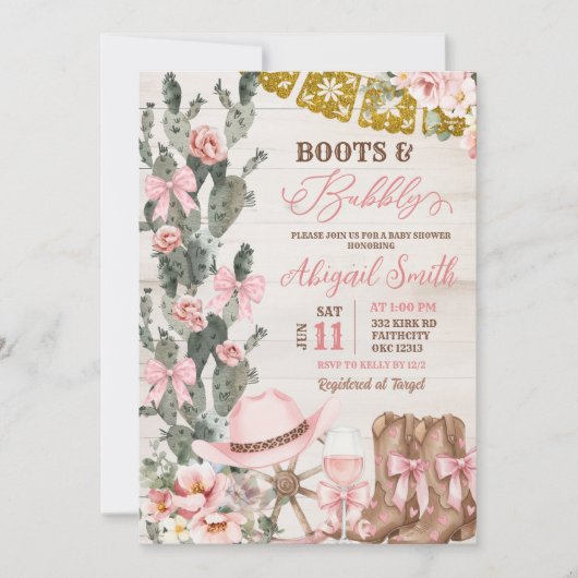Rustic Wood Cactus Boots and Bubbly Bridal Shower Kaart (Voorkant)