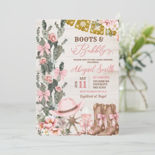 Rustic Wood Cactus Boots and Bubbly Bridal Shower Kaart (Staand voorkant)