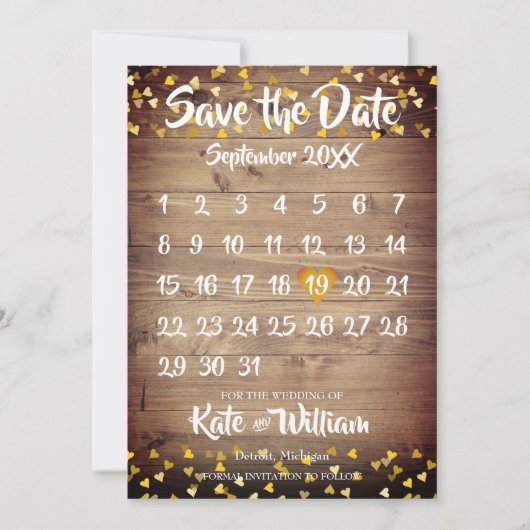 Rustic Wood Calendar Gold Love Heart Save The Date (Voorkant)