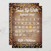 Rustic Wood Calendar Gold Love Heart Save The Date (Voorkant / Achterkant)