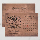 Rustic Wood Calendar Red Love Heart Save The Date (Voorkant / Achterkant)