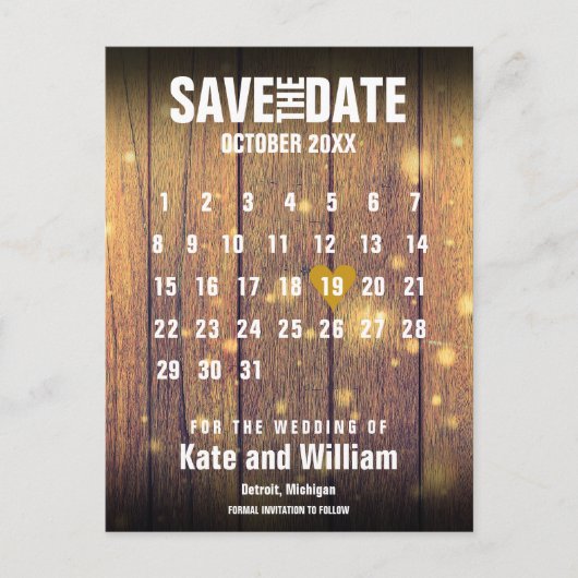 Rustic Wood Calendar Save the Date Gold Love Heart Aankondigingskaart (Voorkant)