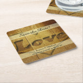 Rustic Wood Carved Love Save the Date Kartonnen Onderzetters (Schuin)