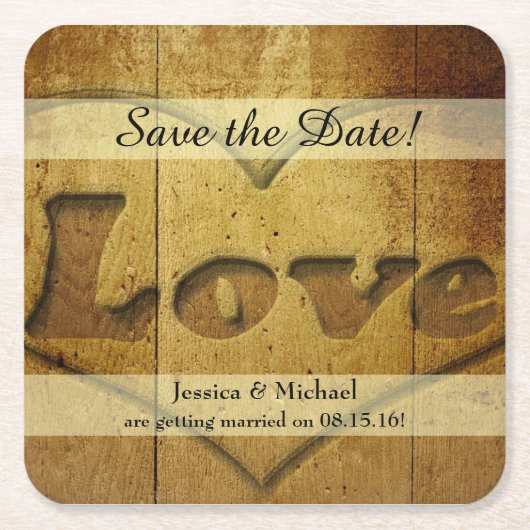 Rustic Wood Carved Love Save the Date Kartonnen Onderzetters (Voorkant)