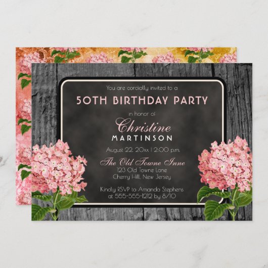 Rustic Wood Chalk  Floral Birthday Party Kaart (Voorkant / Achterkant)