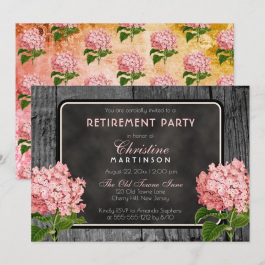Rustic Wood Chalk  Floral Retirement Party Kaart (Voorkant / Achterkant)