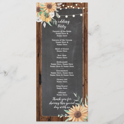 Rustic Wood Chalk Sunflower Wedding Programme Programmakaart (Achterkant)